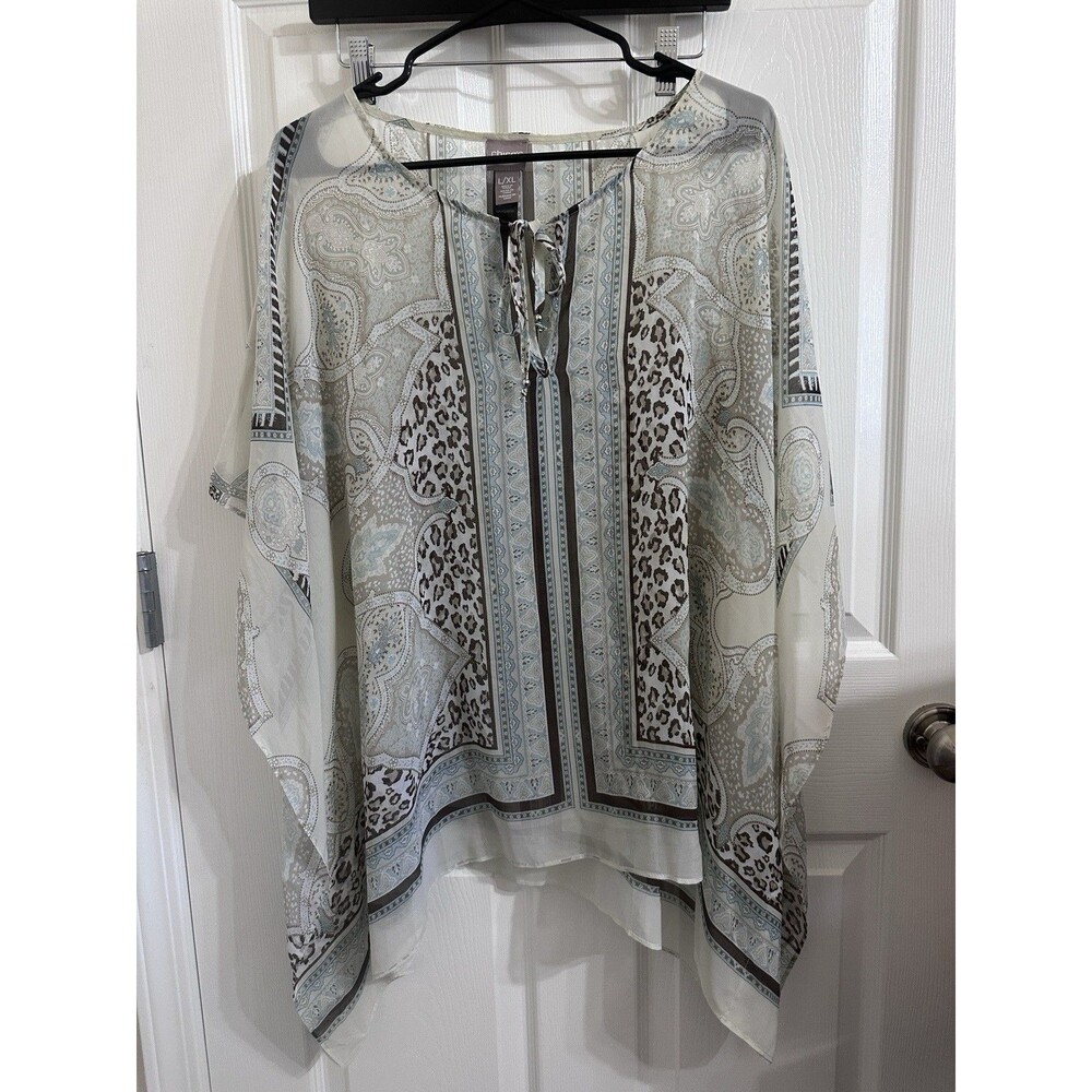 Chico’s Neutral Colored Handkerchief Type Boho Top Size L/XL. Semi Sheer